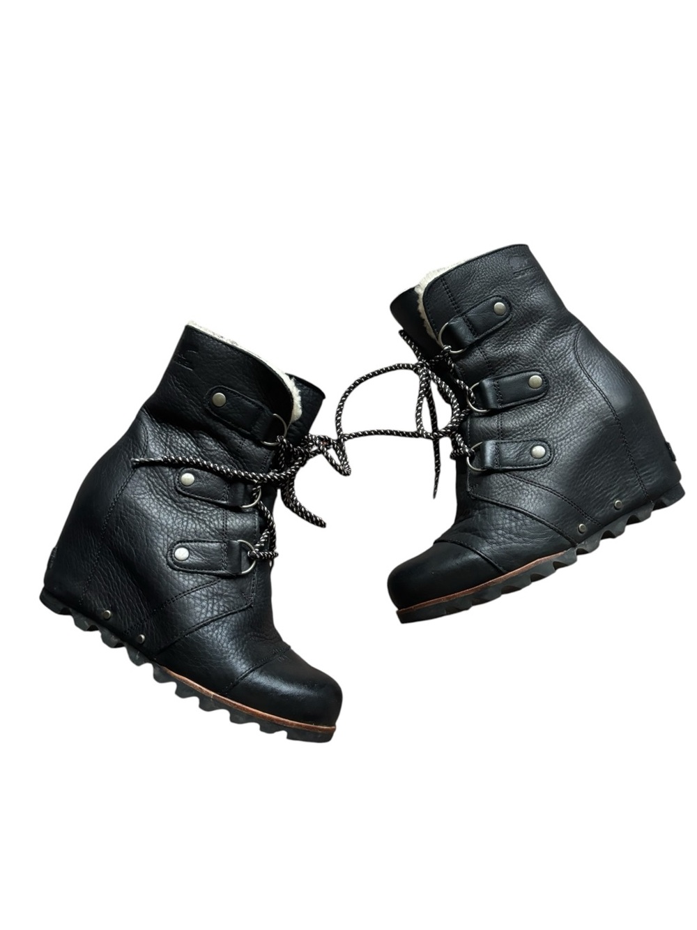 Sorel Joan of Arctic Wedge Mid Shearling Boot Black 7.5 Snow Lace Up Waterproof